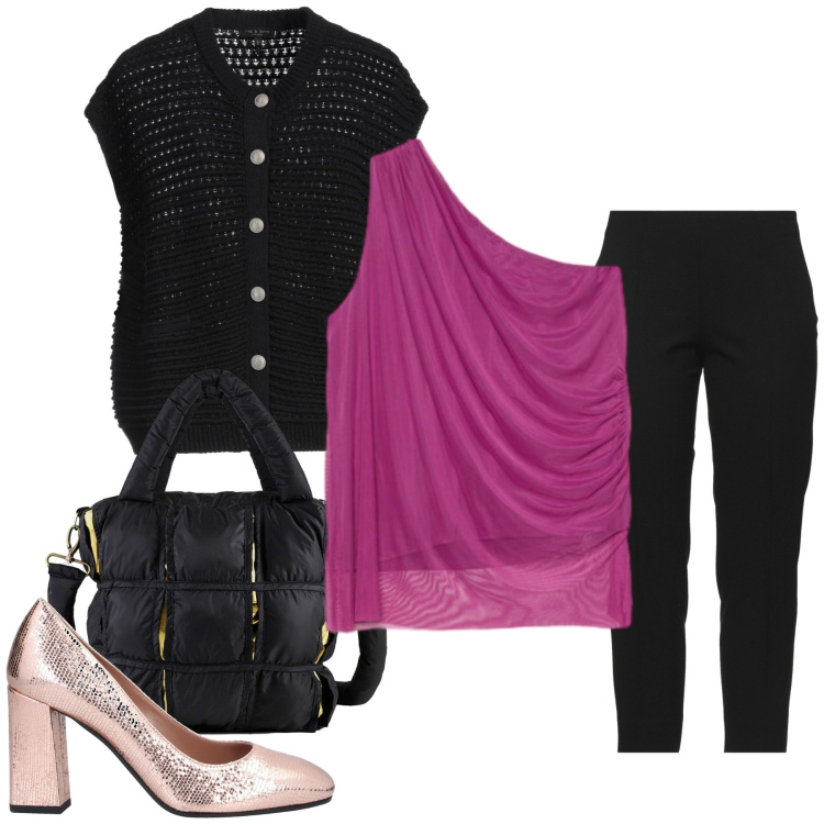 Outfit donna - Total look #2401685. Stile Casual chic per Tutti i giorni. Abbinamento con pantaloni, cardigans, décolleté, top, borse a mano.