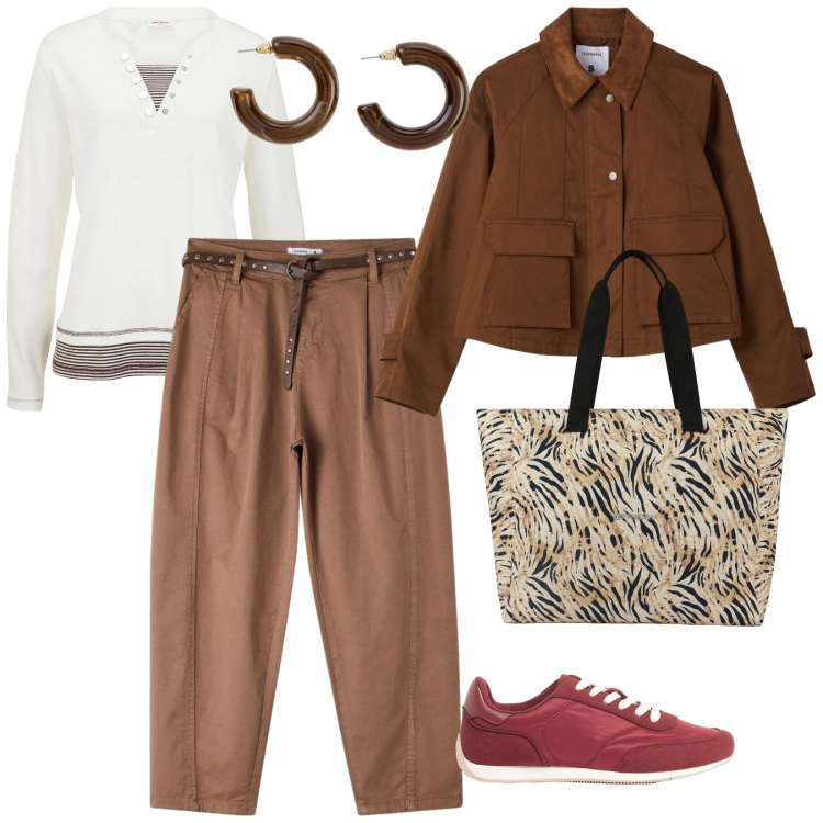 Outfit donna - Settimana fresca. per Tutti i giorni. Abbinamento con maglieria, sneakers, orecchini, cappotti, pantaloni, shopping bag.
