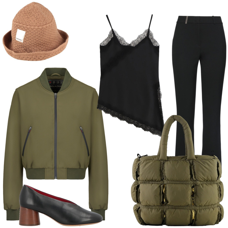 Outfit donna - Total look #2401691. Stile Casual chic per Tutti i giorni. Abbinamento con décolleté, pantaloni, cappelli, canottiere, bomber, borse a mano.