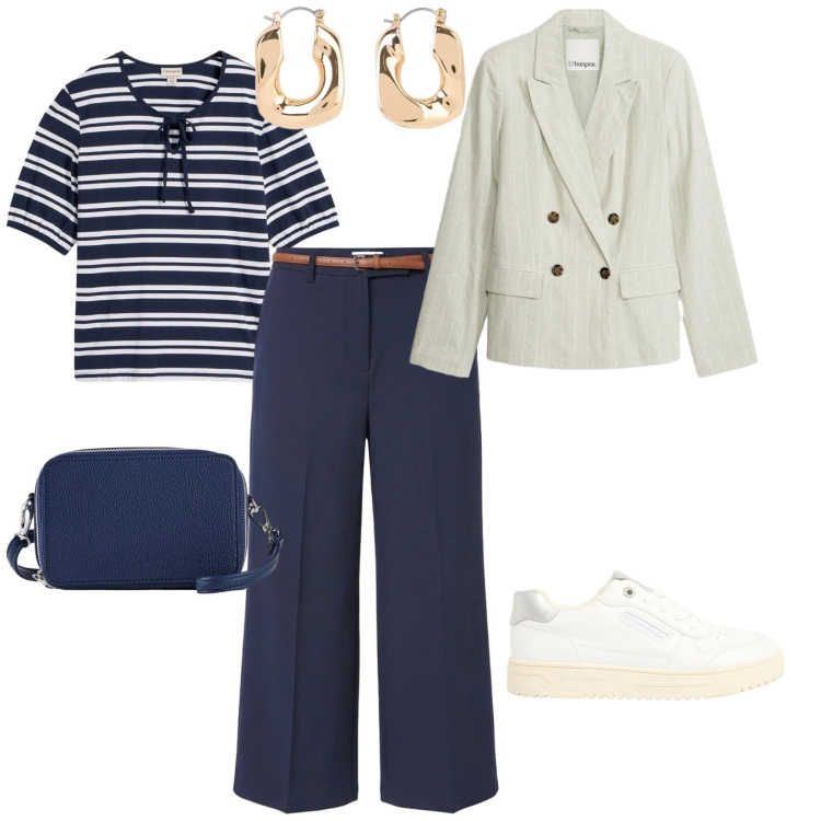 Outfit donna - In giro per paesini. per Mare. Abbinamento con borse a tracolla, orecchini, blazer, t-shirt, sneakers, pantaloni.