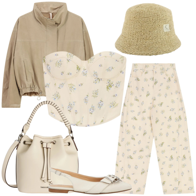 Outfit donna - Total look #2401699. Stile Casual chic per Tutti i giorni. Abbinamento con ballerine, borse a secchiello, top, pantaloni a palazzo, cappotti, cappelli.
