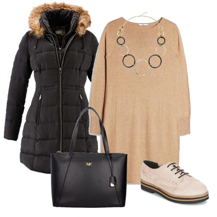 Outfit donna - La stringata con l’abitino. Stile Bon Ton per Tutti i giorni. Abbinamento con giacche, collana, borsa a spalla rosso, scarpe rosa, vestito marrone.
