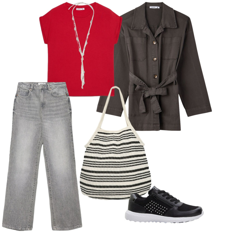 Outfit donna - Oggi mercato. per Tutti i giorni. Abbinamento con sneakers, cappotti, jeans dritti, shopping bag, t-shirt, collane.