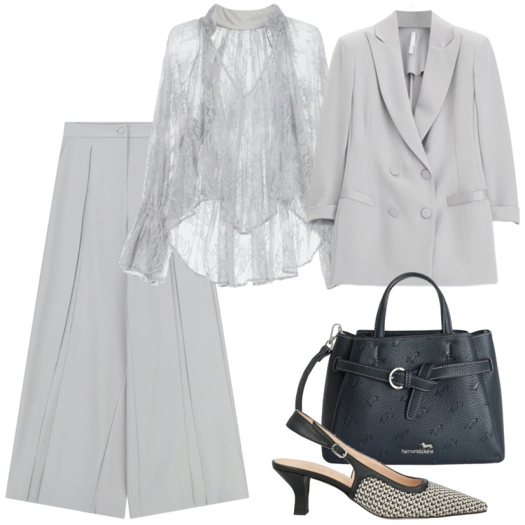 Outfit donna - Total look #2401702. Stile Chic per Cerimonia. Abbinamento con décolleté, blazer, pantaloni a palazzo, bluse, borse a mano.