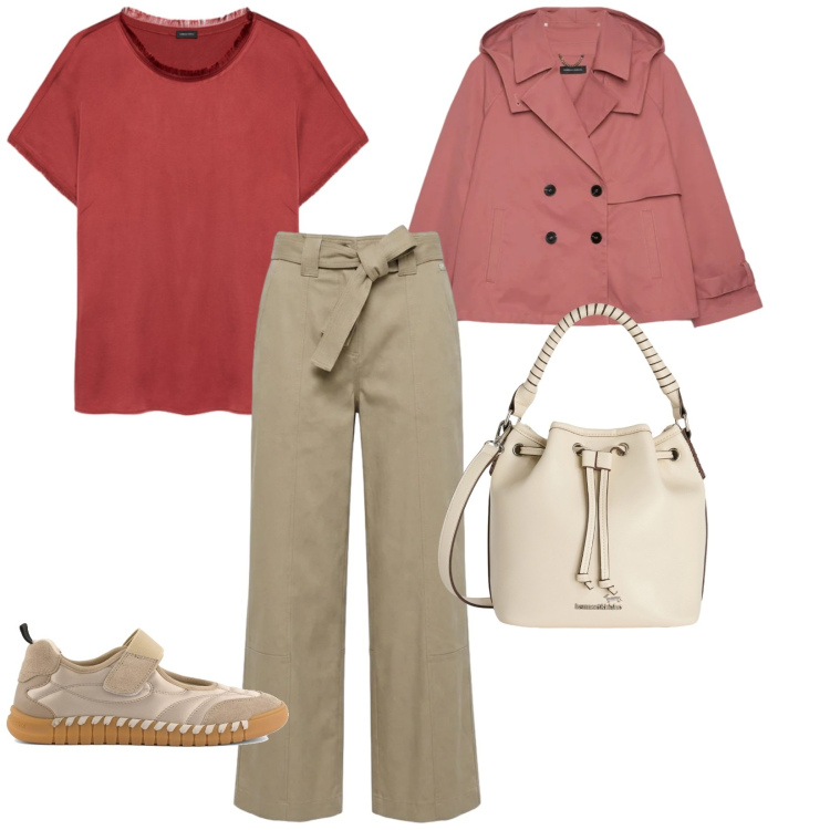Outfit donna - Oggi vento. per Tutti i giorni. Abbinamento con pantaloni, borse a secchiello, trench, t-shirt, ballerine.