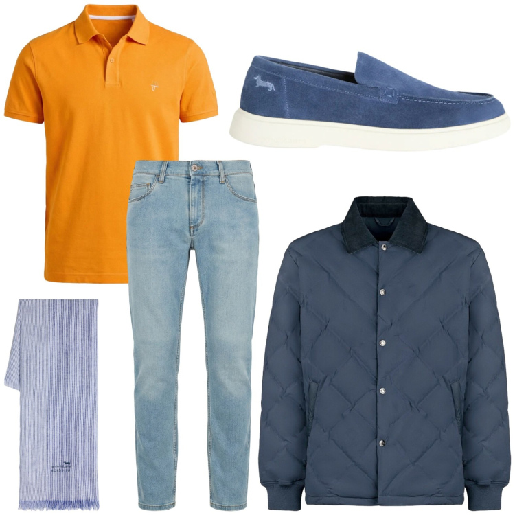 Outfit uomo - Polo vitaminica. Stile Trendy per Tutti i giorni. Abbinamento con jeans slim fit, sciarpe, scarpe stringate, polo, giacche.