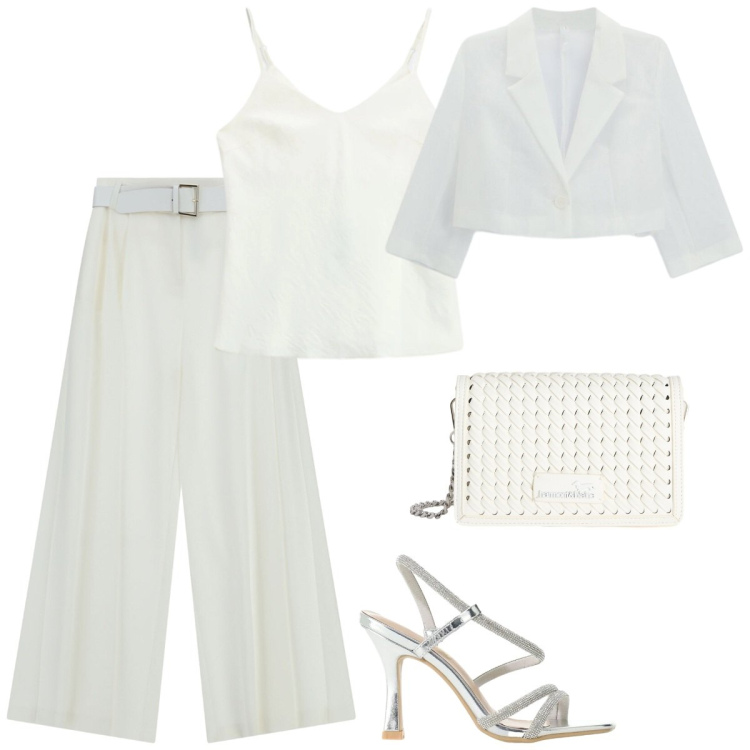 Outfit donna - Total look #2401708. Stile Chic per Cerimonia. Abbinamento con borse a tracolla, pantaloni a palazzo, blazer, canottiere, sandali col tacco.