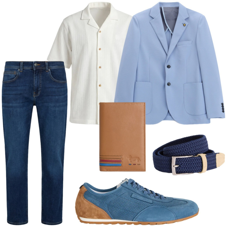 Outfit uomo - Dandy moderno. Stile Trendy per Tutti i giorni. Abbinamento con giacche, cinture, portafogli, jeans dritti, camicie a manica corta, sneakers.