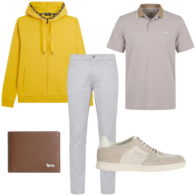 Outfit uomo - Felpa vitaminica. Stile Casual per Tutti i giorni. Abbinamento con portafogli, sneakers, pantaloni, polo, felpe con cappuccio.