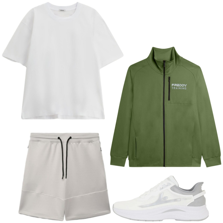 Outfit uomo - Sportivo. Stile Trendy per Tutti i giorni. Abbinamento con pantaloni corti, t-shirt, sneakers, felpe.