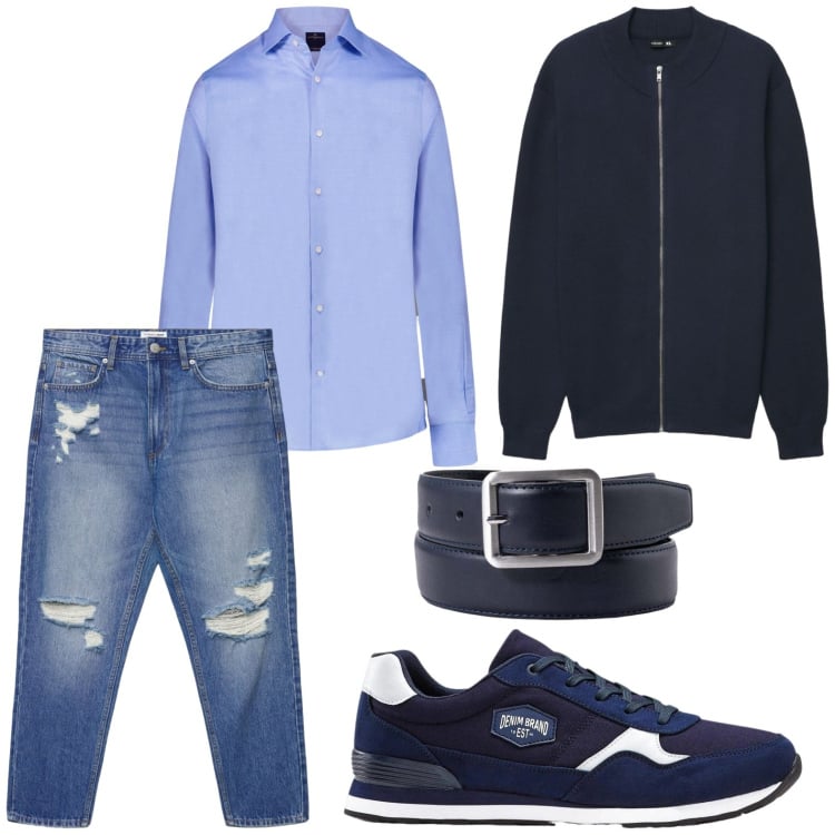 Outfit uomo - Strappato glam. Stile Trendy per Tutti i giorni. Abbinamento con sneakers, cardigans, jeans strappati, camicie, cinture.
