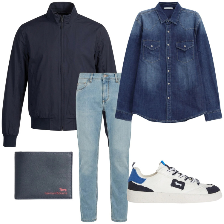 Outfit uomo - Denim lovers. Stile Trendy per Tutti i giorni. Abbinamento con camicie, jeans slim fit, sneakers, portafogli, bomber.