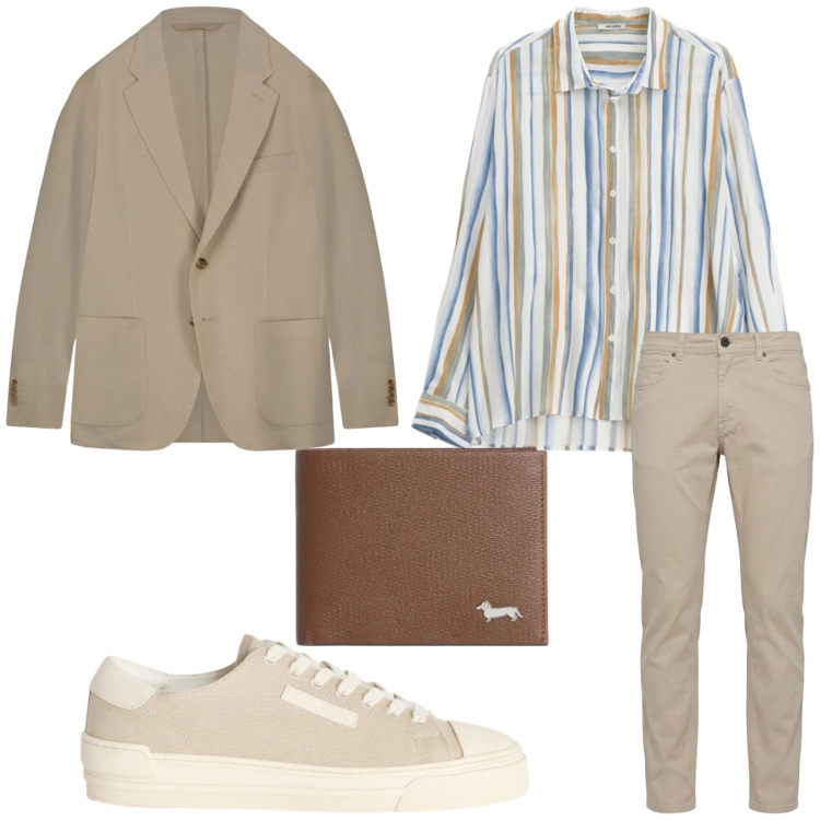 Outfit uomo - Righe verticali. Stile Casual per Tutti i giorni. Abbinamento con camicie, sneakers, portafogli, pantaloni, giacche.