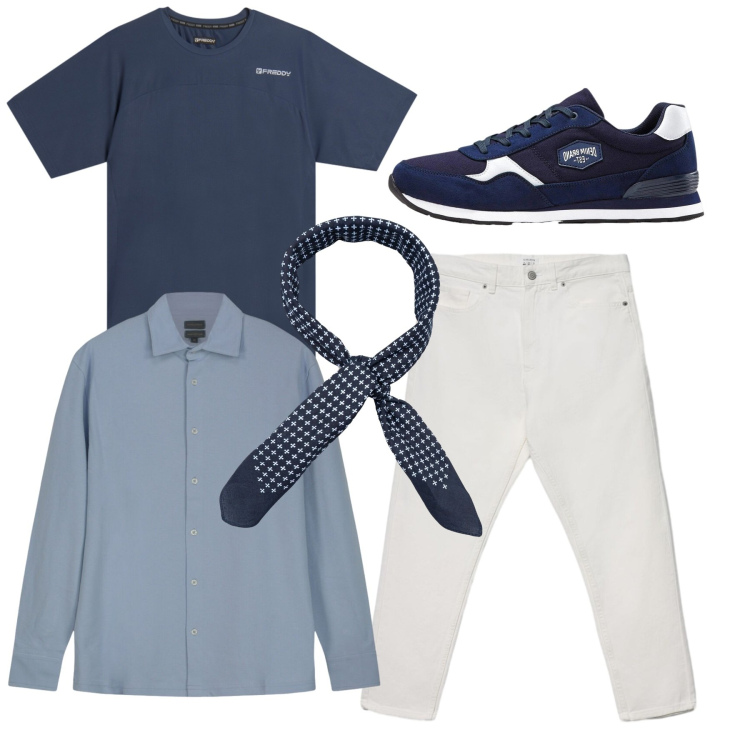 Outfit uomo - Total look. Stile Casual per Tutti i giorni. Abbinamento con sneakers, jeans, t-shirt, polo, sciarpe e foulard.