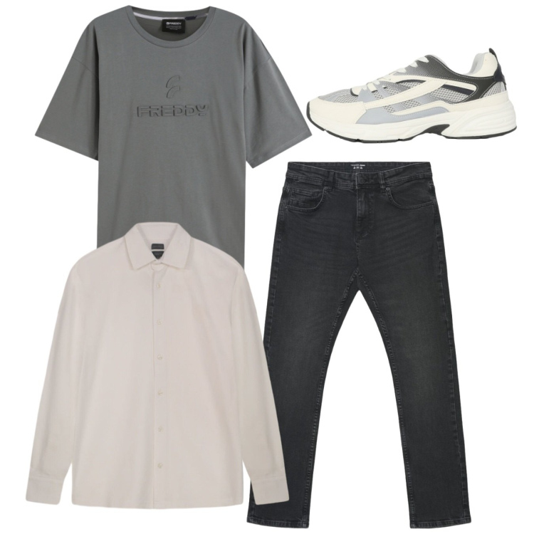 Outfit uomo - Grigio il pomeriggio. Stile Casual per Tutti i giorni. Abbinamento con jeans, sneakers, t-shirt, polo.