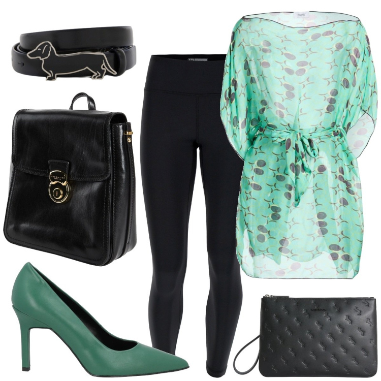 Outfit donna - Passeggiata con il mio bassotto. Stile Glamour per Tutti i giorni. Abbinamento con décolleté, zaini, top, anelli, cinture, leggings.
