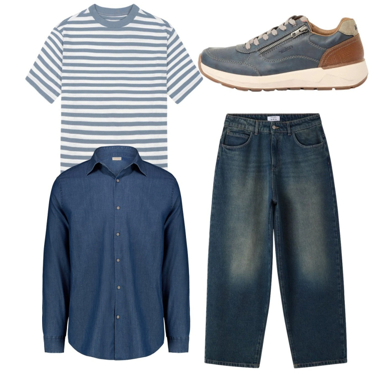 Outfit uomo - Total denim. Stile Casual per Tutti i giorni. Abbinamento con sneakers, jeans, camicie, t-shirt.