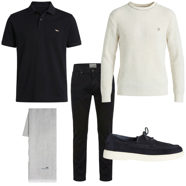 Outfit uomo - Bianco e nero. Stile Casual per Tutti i giorni. Abbinamento con scarpe stringate, sciarpe, pantaloni, polo, maglieria.