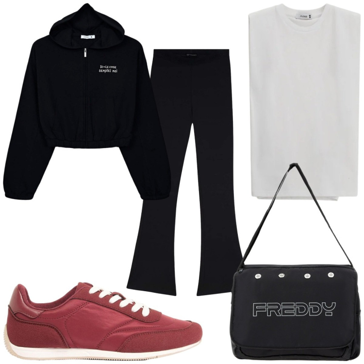 Outfit donna - Total look #2401736. Stile Trendy per Sport. Abbinamento con sneakers, felpe con cappuccio, top, pantaloni, borse messenger.