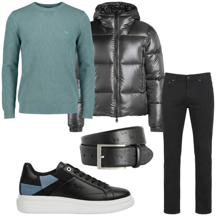 Outfit uomo - Giornata piovosa. Stile Trendy per Tutti i giorni. Abbinamento con cinture, pantaloni, sneakers, pullovers, piumini.