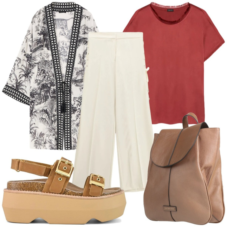 Outfit donna - Total look #2401741. Stile 70s per Tutti i giorni. Abbinamento con zaini, pantaloni, t-shirt, caftani, sandali col tacco.