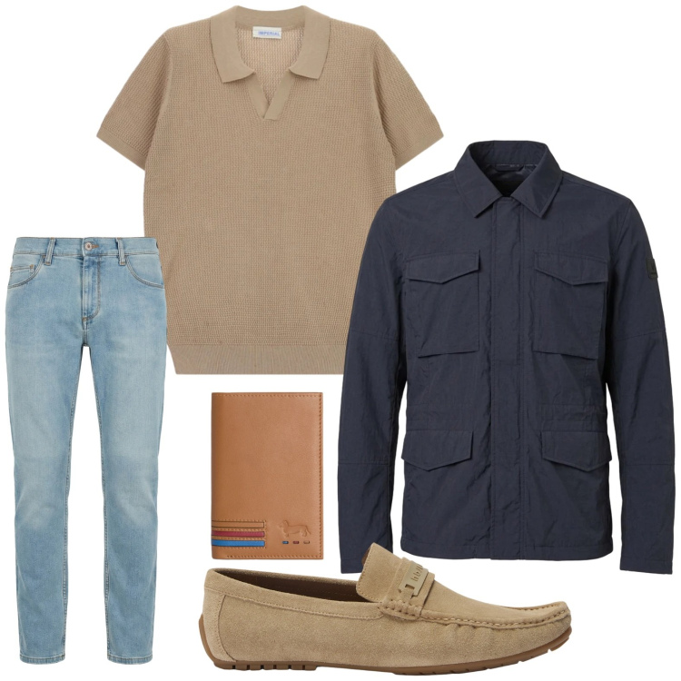 Outfit uomo - Primavera in jeans. Stile Trendy per Tutti i giorni. Abbinamento con t-shirt, jeans slim fit, portafogli, scarpe stringate, cappotti.