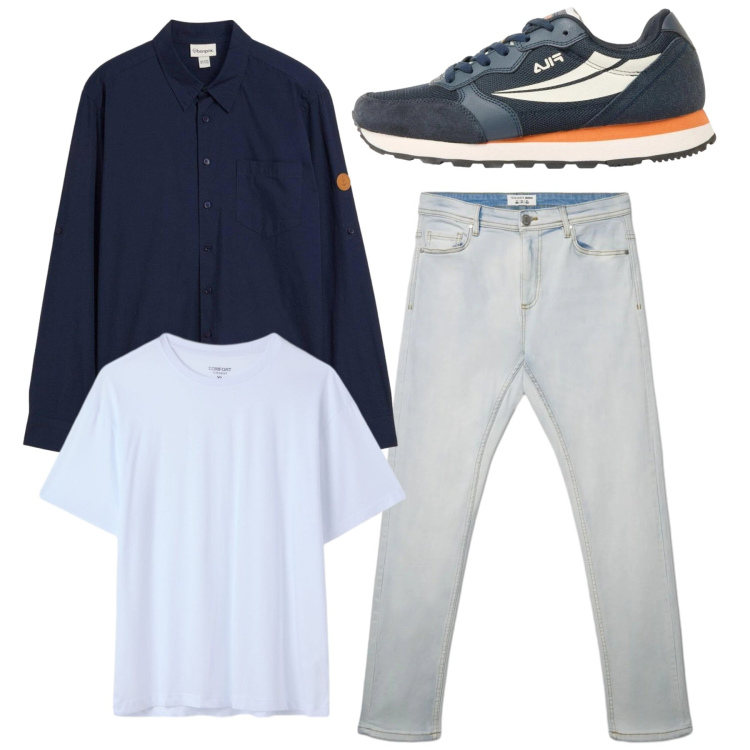 Outfit uomo - Total easy look. Stile Casual per Tutti i giorni. Abbinamento con camicie, sneakers, jeans skinny, t-shirt.