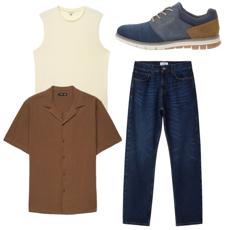 Outfit uomo - Total look. Stile Casual per Tutti i giorni. Abbinamento con scarpe stringate, canottiere, jeans dritti, camicie a manica corta.