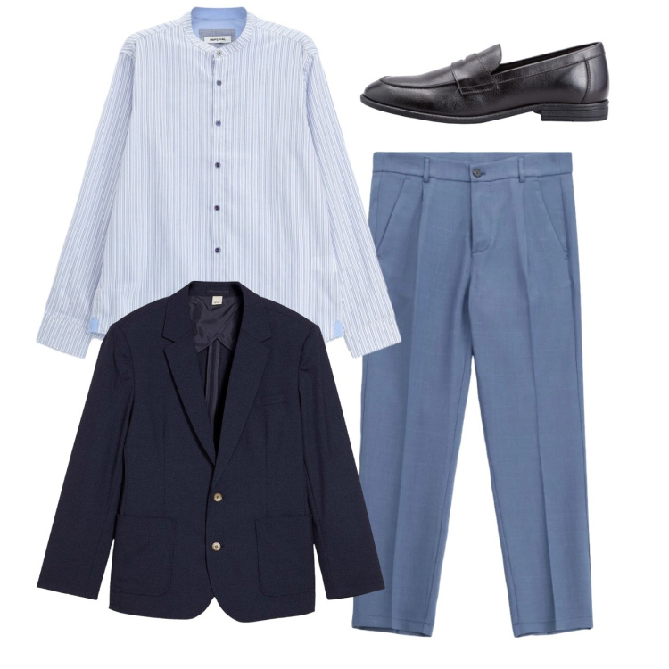 Outfit uomo - Total blue. Stile Business/Elegante per Serata speciale. Abbinamento con giacche, pantaloni, camicie, scarpe stringate.