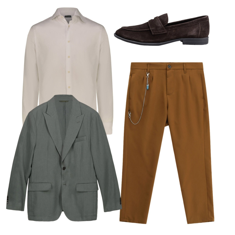 Outfit uomo - Total look spezzato. Stile Casual per Tutti i giorni. Abbinamento con pantaloni, giacche, camicie, scarpe stringate.