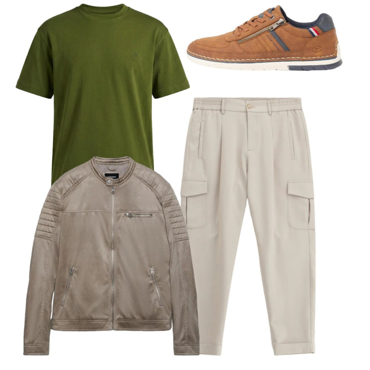Outfit uomo - Fresco in montagna. Stile Casual per Tutti i giorni. Abbinamento con sneakers, giacche, pantaloni cargo, t-shirt.