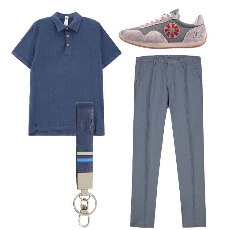 Outfit uomo - Total look. Stile Casual per Tutti i giorni. Abbinamento con polo, portachiavi, pantaloni, sneakers.