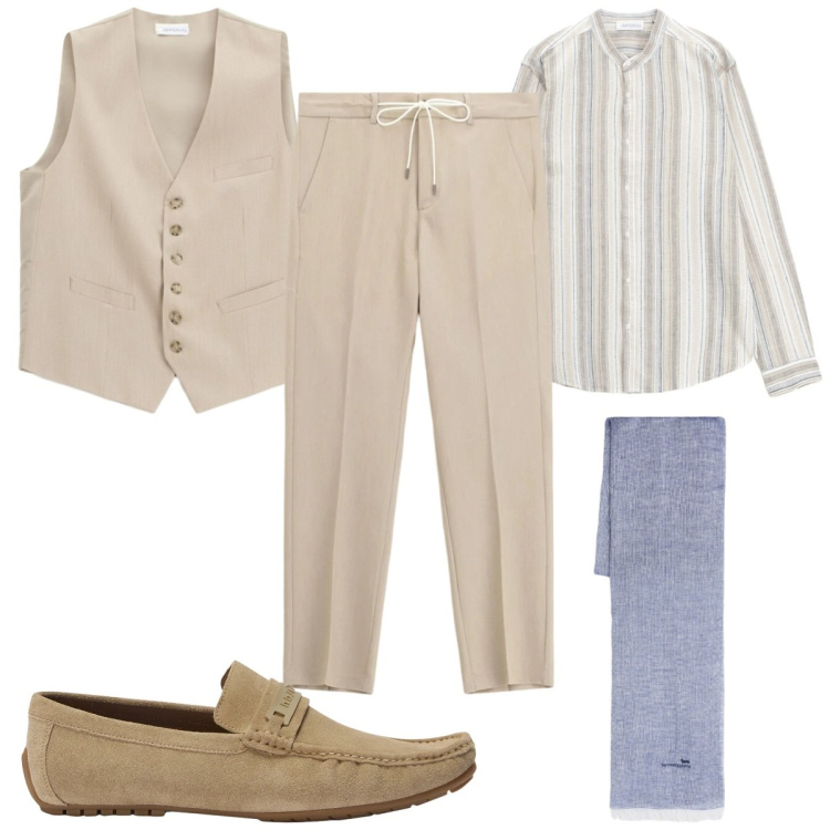 Outfit uomo - Serata primaverile: il gilet. Stile Business/Elegante per Serata speciale. Abbinamento con pantaloni, camicie, gilet, sciarpe, scarpe stringate.