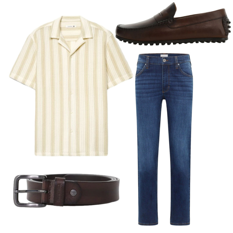 Outfit uomo - Total look. Stile Casual per Tutti i giorni. Abbinamento con jeans dritti, camicie a manica corta, scarpe stringate, cinture.