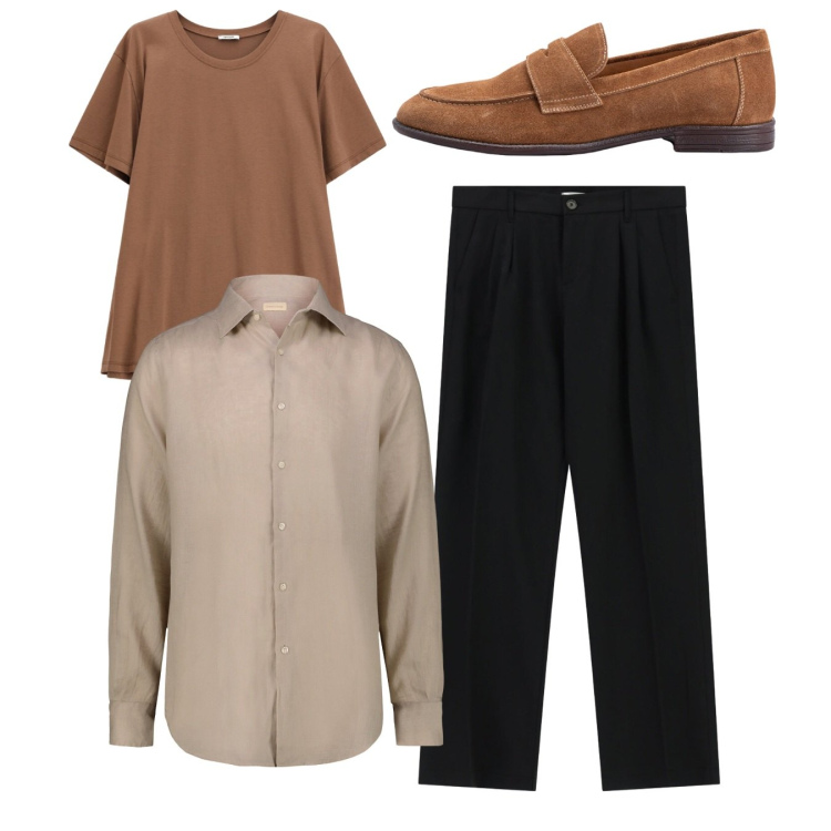 Outfit uomo - Total brown. Stile Casual per Tutti i giorni. Abbinamento con pantaloni, t-shirt, camicie, scarpe stringate.