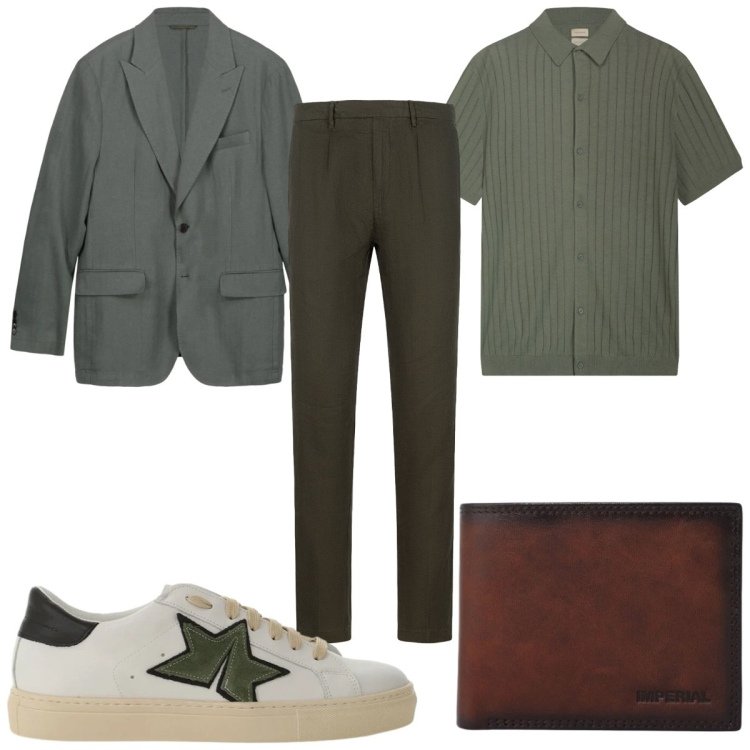 Outfit uomo - Polo protagonista: verde bosco. Stile Casual per Ufficio. Abbinamento con sneakers, portafogli, giacche, polo, pantaloni.