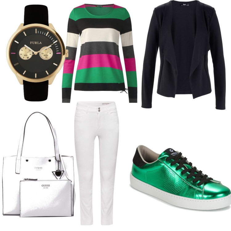 Outfit donna - Verde brillante. per Scuola/Università. look ideale per Petite. Abbinamento con blazer, scarpe verde, pochette bianco, maglia a maniche lunghe verde, orologio, pantalone bianco.