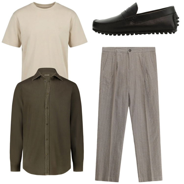 Outfit uomo - Total look con eleganza. Stile Casual per Tutti i giorni. Abbinamento con pantaloni, scarpe stringate, t-shirt, camicie.