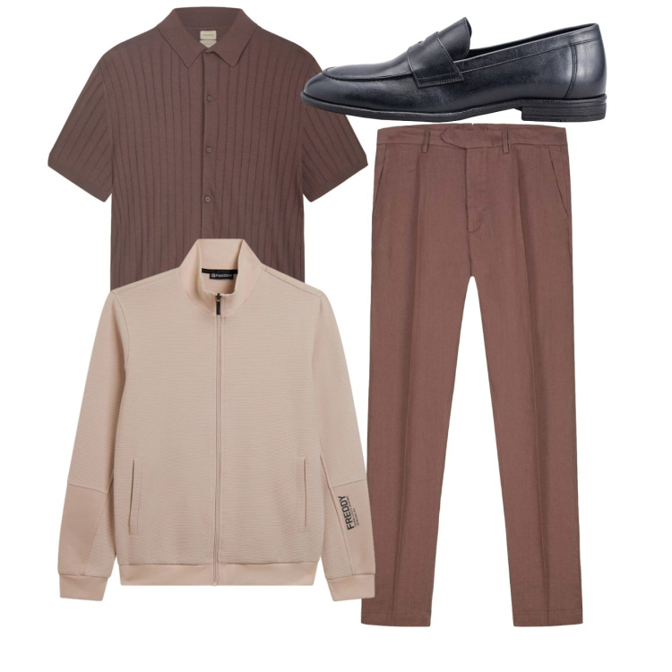 Outfit uomo - Total chocolat. Stile Casual per Tutti i giorni. Abbinamento con felpe, scarpe stringate, polo, pantaloni.