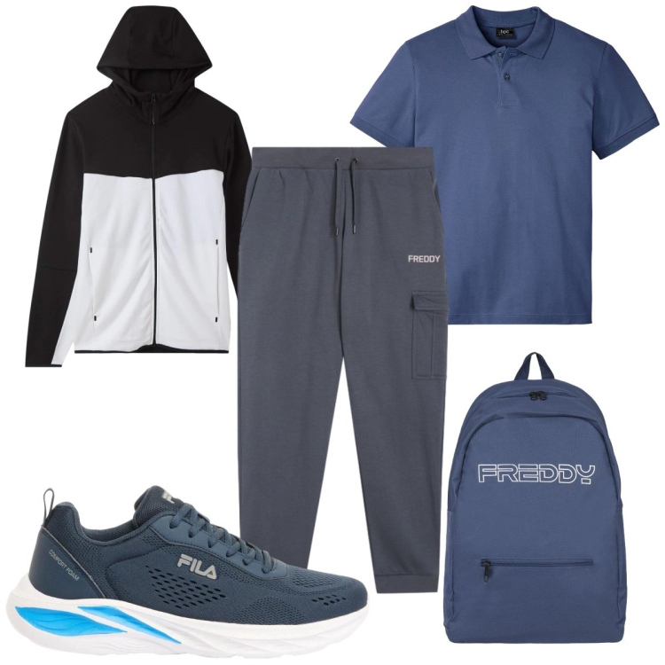 Outfit uomo - Polo protagonista: sport. Stile Trendy per Sport. Abbinamento con polo, sneakers, felpe sportive, pantaloni cargo, borse sportive.