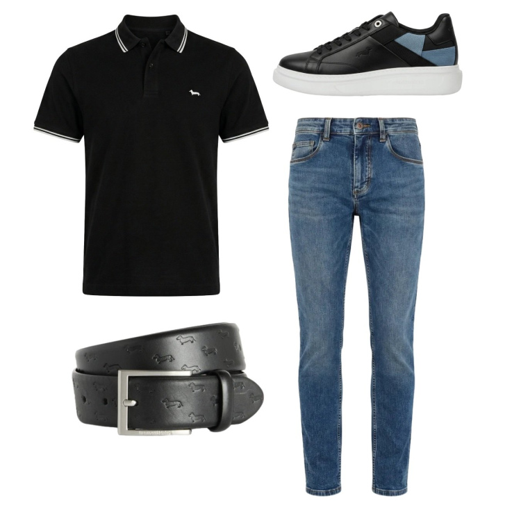 Outfit uomo - Total look. Stile Casual per Tutti i giorni. Abbinamento con cinture, polo, sneakers, jeans slim fit.