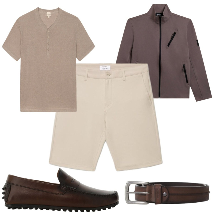 Outfit uomo - Tonalità sabbia e terra: trendy. Stile Trendy per Tutti i giorni. Abbinamento con shorts, scarpe stringate, cinture, felpe, t-shirt.