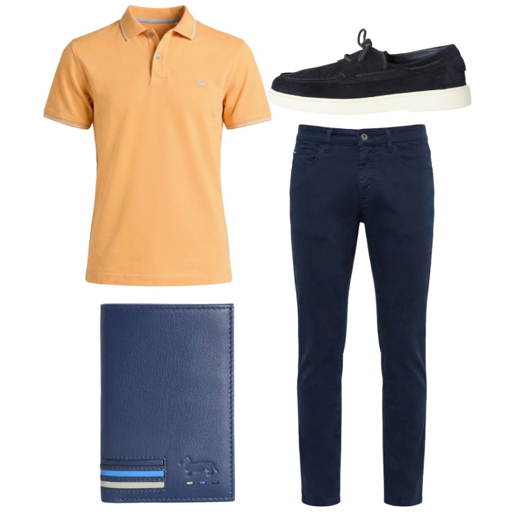 Outfit uomo - Total look. Stile Casual per Tutti i giorni. Abbinamento con scarpe stringate, portafogli, polo, pantaloni.