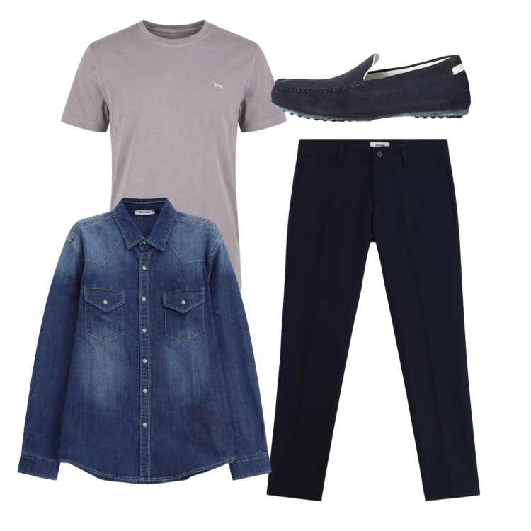 Outfit uomo - Total look. Stile Casual per Tutti i giorni. Abbinamento con pantaloni, camicie, scarpe stringate, t-shirt.