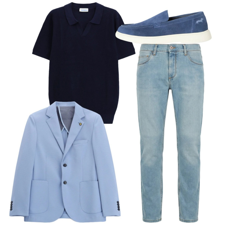 Outfit uomo - Total look. Stile Casual per Tutti i giorni. Abbinamento con giacche, t-shirt, jeans slim fit, scarpe stringate.
