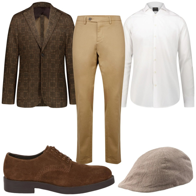 Outfit uomo - Tonalità sabbia e terra : in ufficio. Stile Casual per Ufficio. Abbinamento con camicie, giacche, pantaloni chino, scarpe stringate, cappelli e berretti.