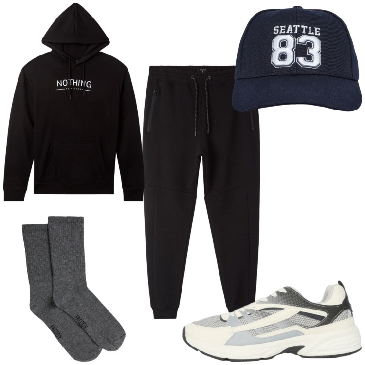 Outfit uomo - Total look #2401785. Stile Trendy per Sport. Abbinamento con cappelli, sneakers, pantaloni, felpe con cappuccio, calzini.