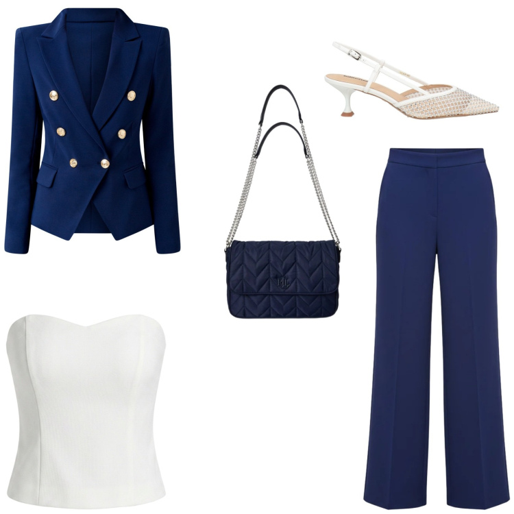 Outfit donna - Il ritorno del bustier. Stile Chic per Cerimonia. Abbinamento con décolleté, blazer, pantaloni a palazzo, top, borse a tracolla.