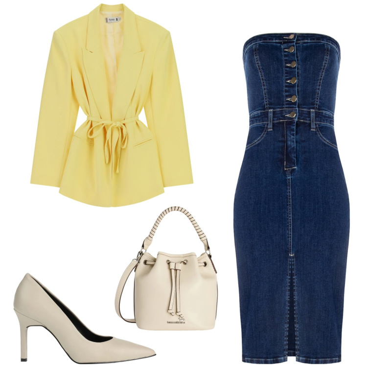 Outfit donna - Look da aperitivo primaverile. Stile Glamour per Serata fuori. Abbinamento con décolleté, borse a secchiello, blazer, vestiti a tubino.