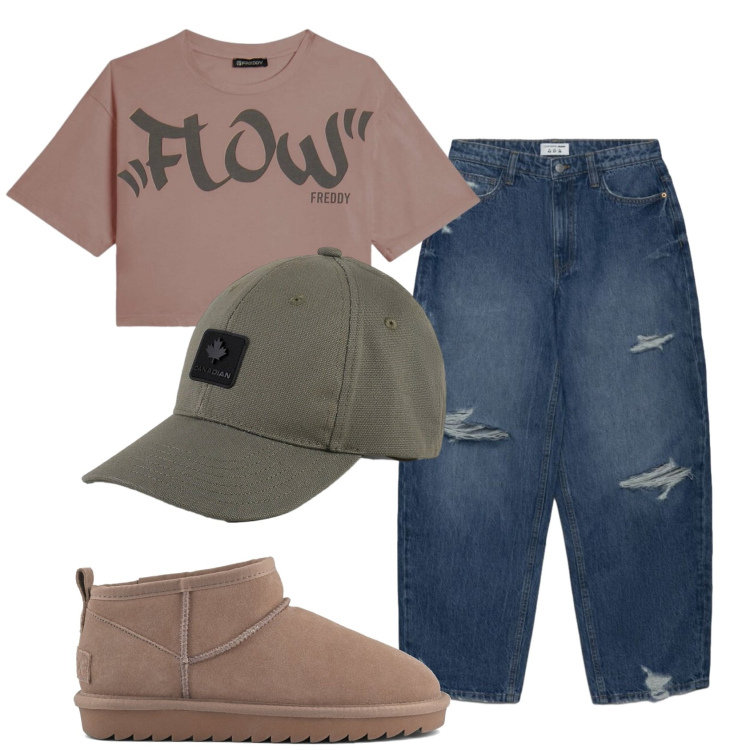 Outfit donna - Total look #2401792. Stile Urban per Tutti i giorni. Abbinamento con jeans strappati, t-shirt, cappelli con visiera, stivali.